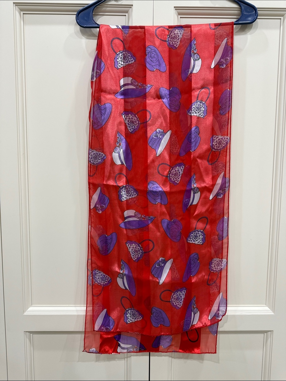 Red Hat Society Ladies Oblong Scarf 13.5”X 58”. Red with purple Hats and purses